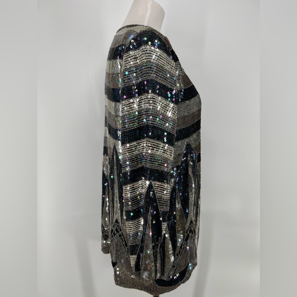 Vintage 80s Beaded Silver and Black Sequin Silk Evening Jacket - Picture 4 of 12